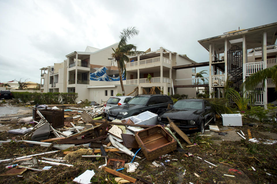 <p>Damage is seen outside the “Mercure” hotel in Marigot, on the Bay of Nettle, on the island of Saint-Martin in the northeast Caribbean, after the passage of Hurricane Irma on Sept. 6, 2017. (Photo: Lionel Chamoiseau/AFP/Getty Images) </p>