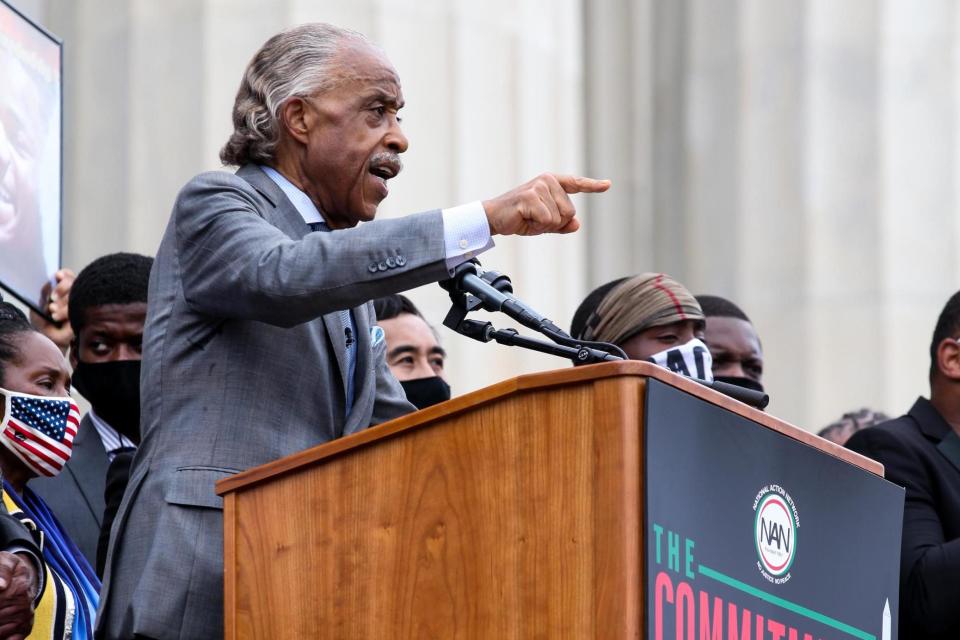 Rev. Al Sharpton speaks on the steps of the Lincoln Memorial during the Commitment March (Getty Images)