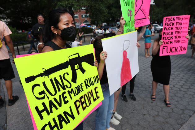 People gather at Union Square to protest the Supreme Court's rulings this week on guns and abortion rights. (Photo: Spencer Platt/Getty Images)