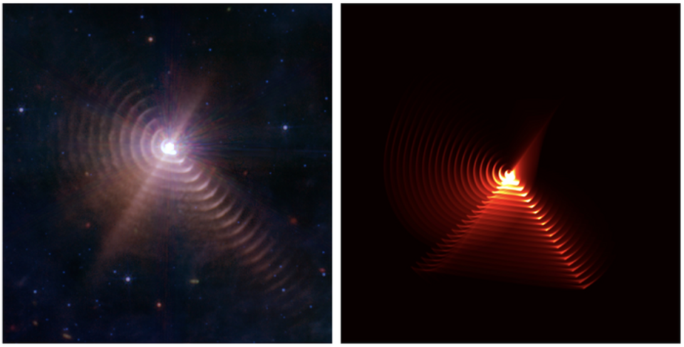 JWST image vs model of WR140 (Left image: NASA/ESA/CSA/STScI/JPL-Caltech. Right image: Yinuo Han/Peter Tuthill/Ryan Lau)