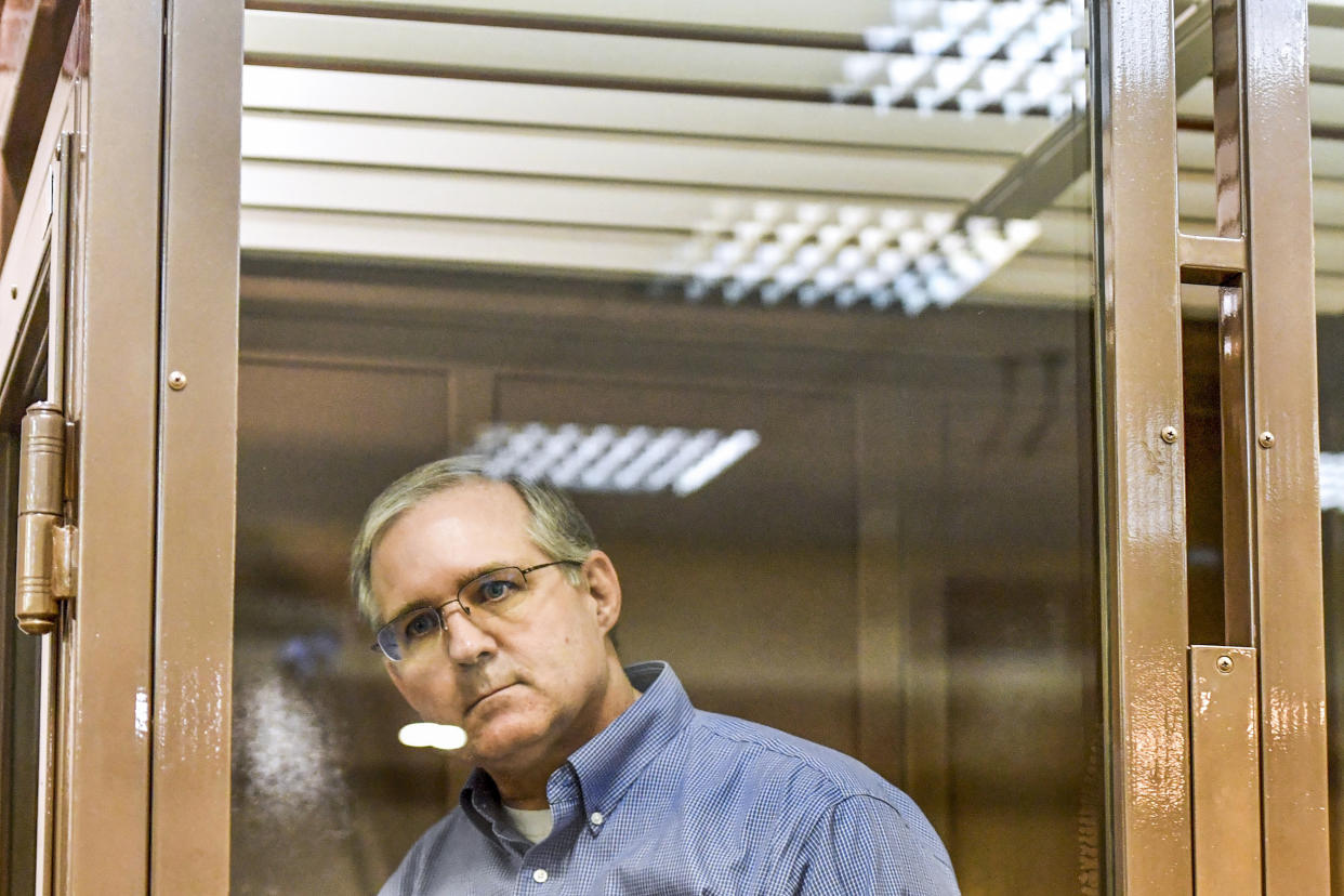 Paul Whelan, a former US Marine accused of espionage and arrested in Russia, stands inside a defendants' cage during a hearing at a court in Moscow on January 22, 2019. (Mladen Antonov  / AFP via Getty Images)