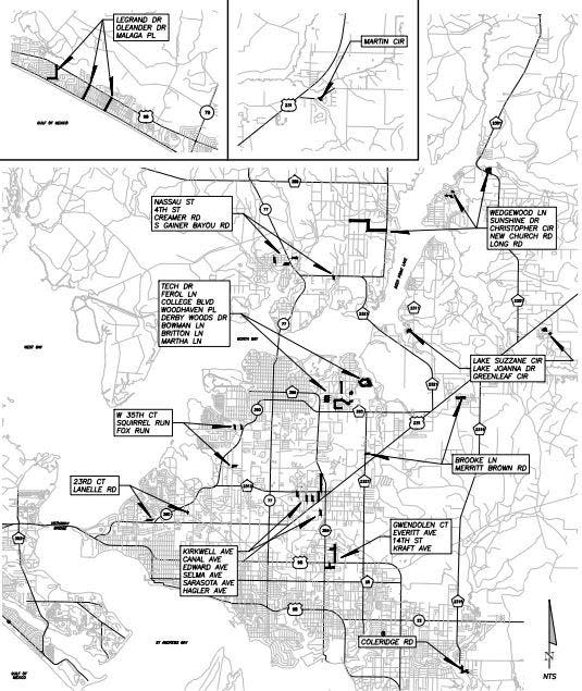 A map of roads slated to be repaired in phase 5 of Bay County's Hurricane Michael roadway rehabilitation project.