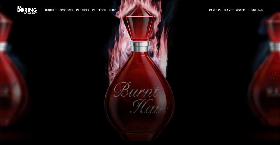 A screenshot of The Boring Company's product listing for Burnt Hair perfume
