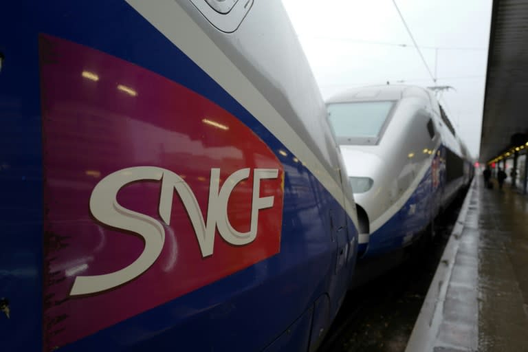 Filer showing the logo of SNCF (France's national state-owned railway company) on a high speed TGV locomotive at the Gare de Lyon station in Paris. A wave of industrial action is set to hit France this week including rail strikes due to create havoc