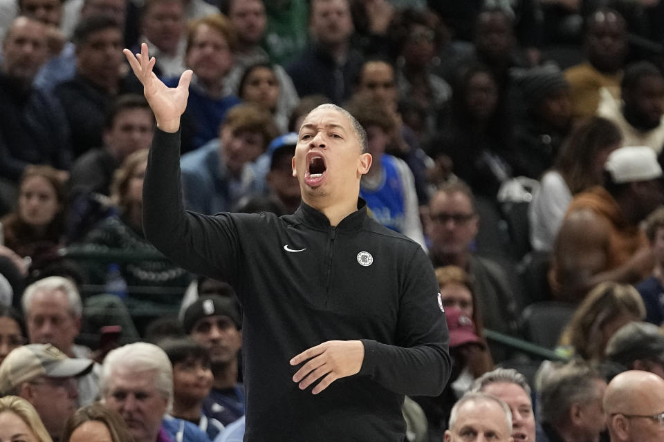 Los Angeles Clippers head coach Tyronn Lue yells during the first half of an NBA basketball game against the Dallas Mavericks in Dallas, Wednesday, Dec. 20, 2023. (AP Photo/LM Otero)