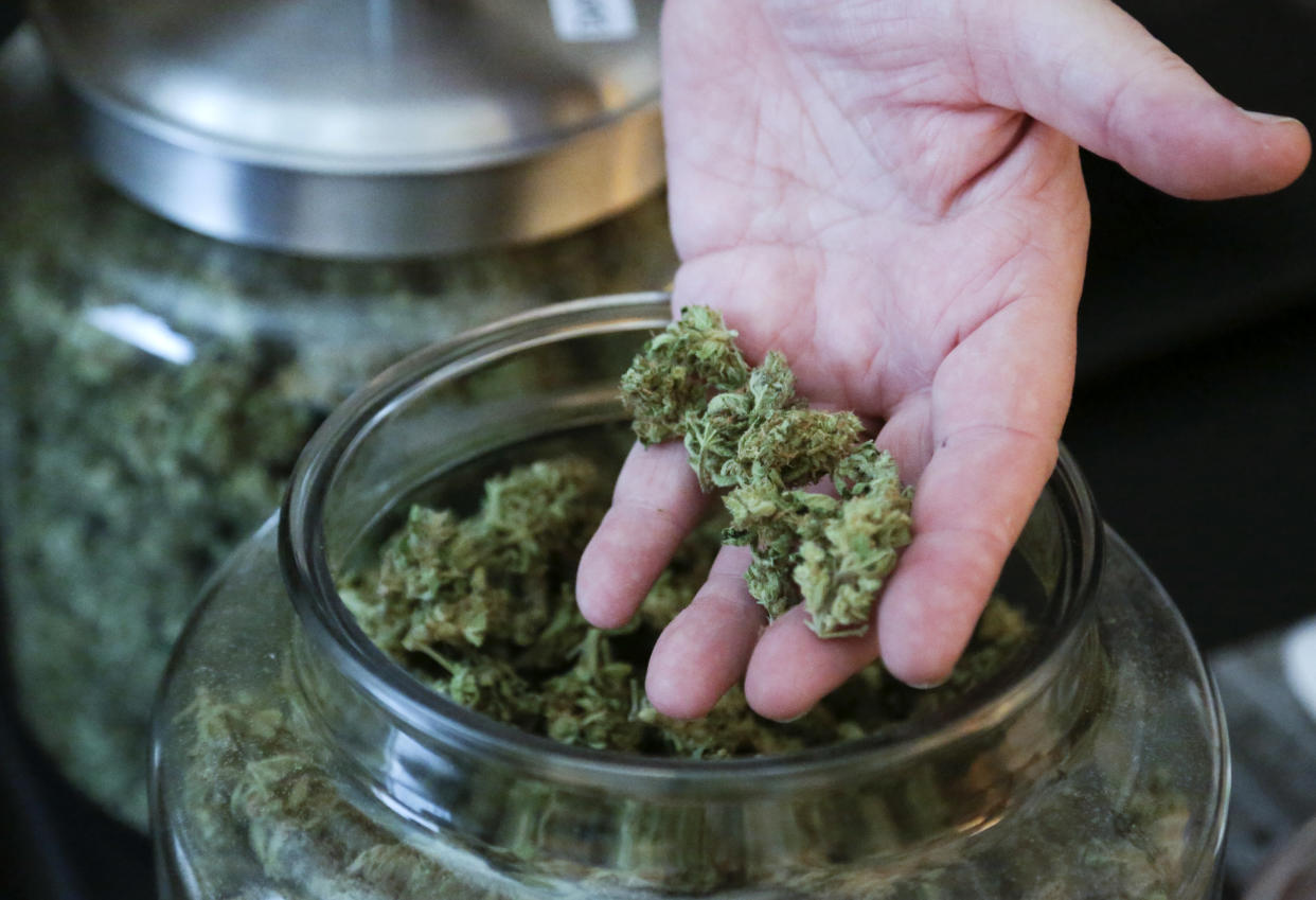 Bob Leeds, co-owner of Sea of Green Farms, shows some of the marijuana he produces during a tour of his company's facility in Seattle, Washington June 30, 2014. The state is poised on Monday to become the second after Colorado to allow retail sales of recreational marijuana to adults, under a heavily regulated and taxed system that voters approved in November 2012. Stores could begin operations as early as Tuesday, with up to 20 expected to open statewide. Picture taken June 30, 2014.  REUTERS/Jason Redmond  (UNITED STATES - Tags: BUSINESS DRUGS SOCIETY)