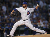 Chicago Cubs' Jon Lester pitches against the Milwaukee Brewers during the first inning of a baseball game Monday, Sept. 10, 2018, in Chicago. (AP Photo/Jim Young)