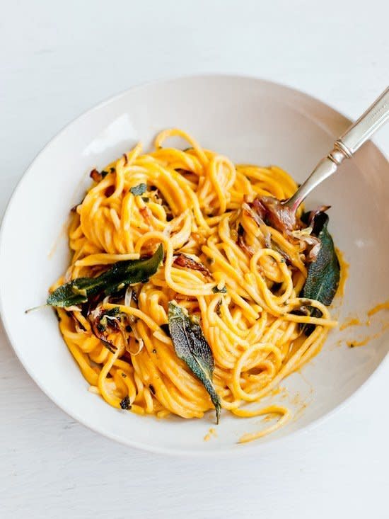 <strong>Get the <a href="http://cafejohnsonia.com/2013/10/pumpkin-creme-fraiche-spaghetti-fried-onions-sage.html" target="_blank">Pumpkin Creme Fraiche Spaghetti with Fried Onions and Sage Leaves recipe</a> from Cafe Johnsonia</strong>