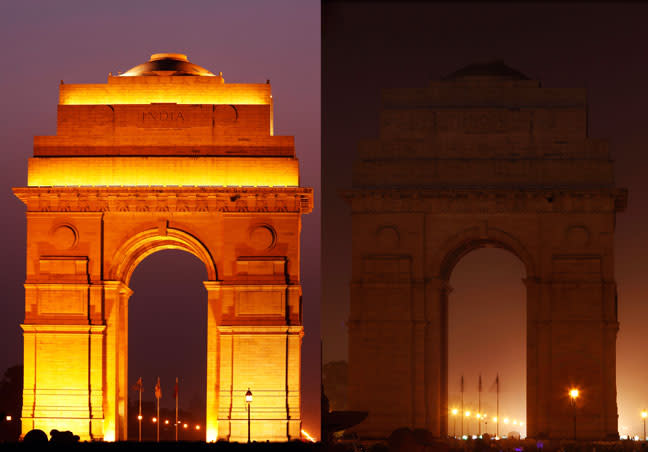 Earth Hour 2010. Before and after the lights were switched off at the India Gate, New Delhi, India. <br> <a href="http://www.worldwildlife.org/sites/earthhour/index.html" rel="nofollow noopener" target="_blank" data-ylk="slk:For more information about Earth Hour 2012, visit WWF.;elm:context_link;itc:0;sec:content-canvas" class="link ">For more information about Earth Hour 2012, visit WWF.</a>