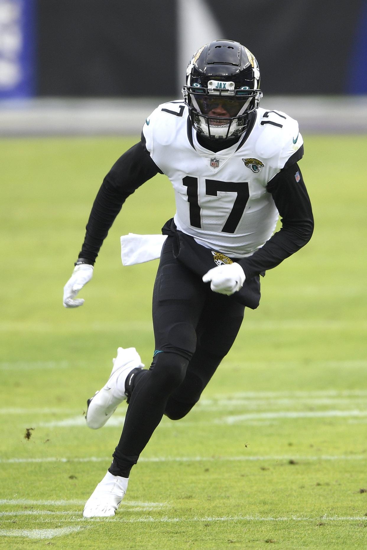 Jacksonville Jaguars wide receiver DJ Chark Jr. runs a route against the Baltimore Ravens during the first half of an NFL football game, Sunday, Dec. 20, 2020, in Baltimore.