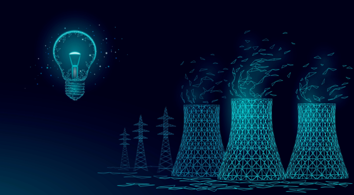 A vector image of nuclear power reactors, power lines and a lightbulb. nuclear fusion stocks