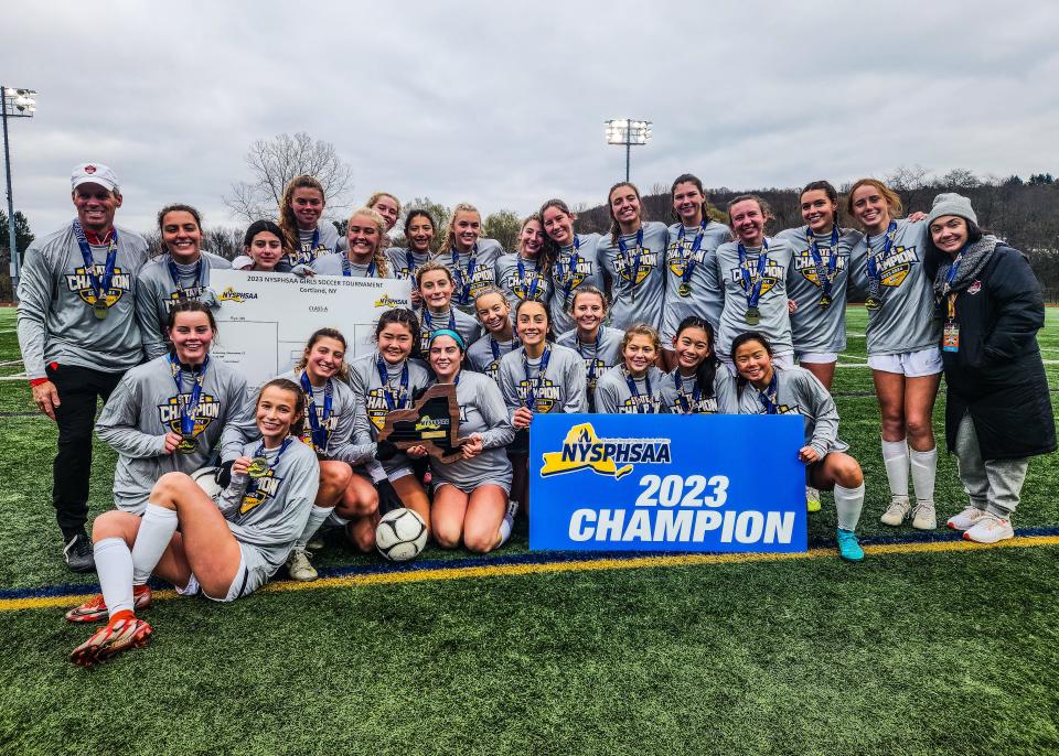 Rye defeated Shoreham-Wading River during the NYSPHSAA Class A girls soccer state championship match at Cortland High School on Sunday, Nov. 12, 2023.
