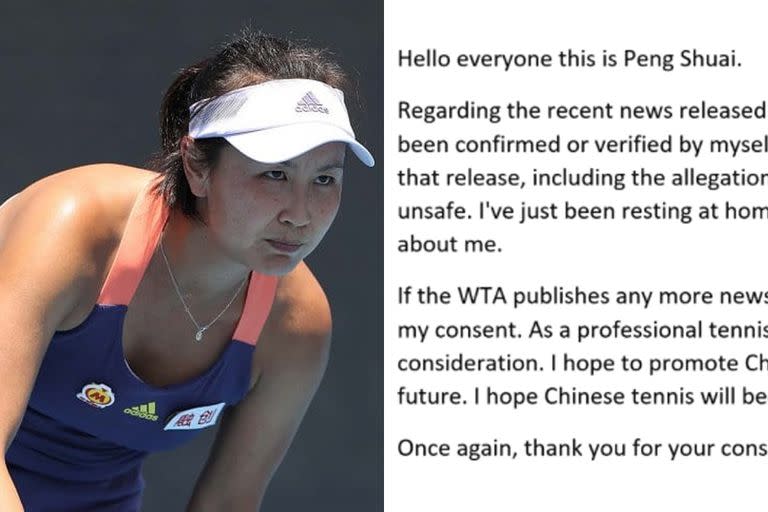 Peng Shuai y el mensaje que medios chinos le atribuyen, y que causó solamente más preocupación.