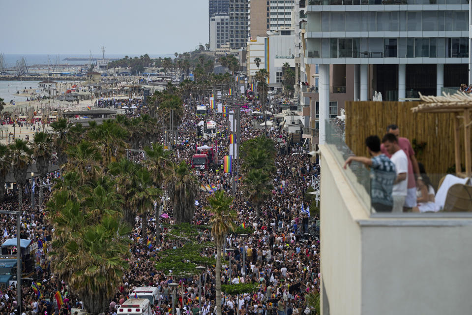 People participate in the annual Pride Parade in Tel Aviv, Israel, Thursday, June 8, 2023. (AP Photo/Ohad Zwigenberg)