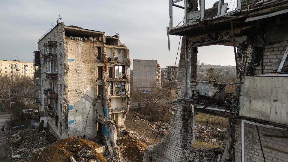 A residential building is in ruins following a Russian missile strike in Ukraine's Kharkiv region in this photo from February 14. - Maxym Marusenko/Reuters