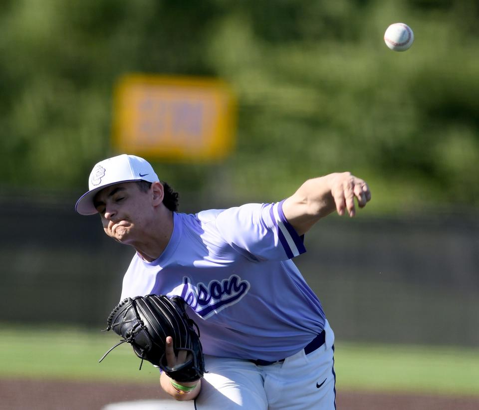 Jackson's Landon Doll delivers a pitch in the 2nd inning of Hoban at Jackson baseball. Thursday, April 18, 2024.