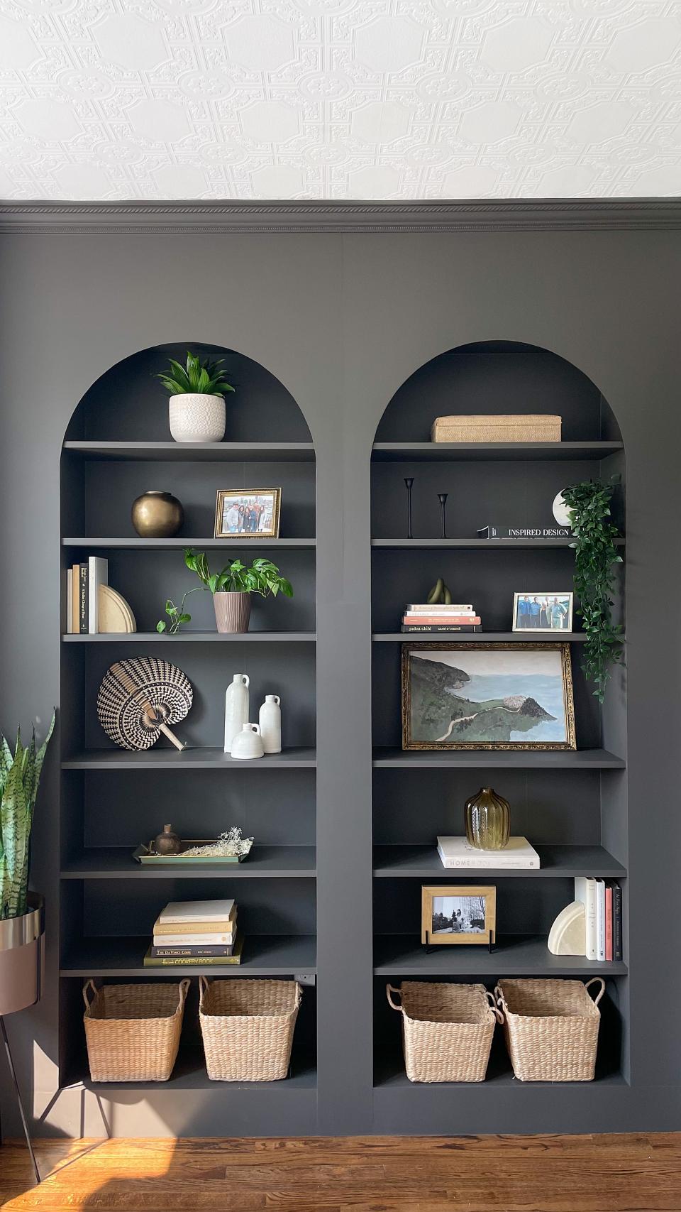 ikea hacks using a billy bookcase with arched tops painted dark grey