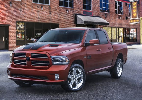 A 2017 Ram 1500 pickup parked outside a brick industrial building.