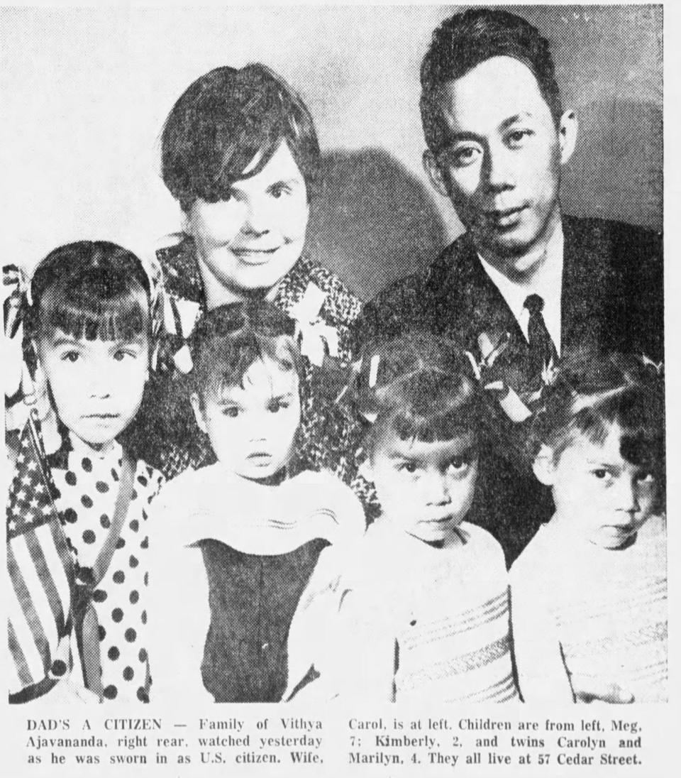 A photo from the May 2, 1968 naturalization ceremony in which Vithya Ajavananda took part. His daughter Marilyn Ajavananda, a longtime journalist, is at bottom right, age 4.