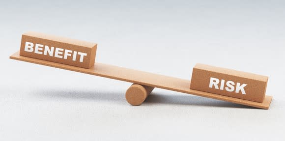 A wooden balance holding blocks labeled Benefit and Risk