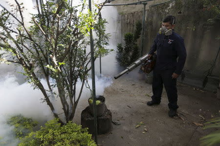 A municipal worker carries out fumigation to help control the spread of the mosquito-borne Zika virus in Caracas, Venezuela January 28, 2016. REUTERS/Marco Bello