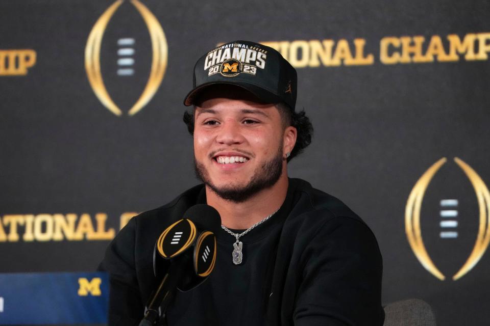 Jan 9, 2024; Houston, TX, USA; Michigan Wolverines running back Blake Corum during College Football National Championship press conference at JW Marriot Houston by the Galleria. Mandatory Credit: Kirby Lee-USA TODAY Sports