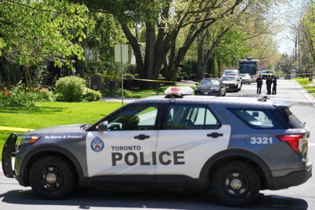 Toronto police investigate outside rapper Drake's mansion after an overnight shooting that hospitalized a security on May 7, 2024 in Toronto, Ontario, Canada - Credit: Mert Alper Dervis/Anadolu via Getty Images