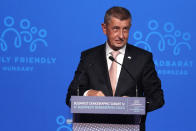 Czech Republic's Prime Minister Andrej Babis holds a speech during the 4th Budapest Demographic Summit in Budapest, Hungary, Thursday, Sept. 23, 2021. The biannual demographic summit, which was first organized in 2015, offers a forum for "pro-family thinker" decision-makers, scientists, researchers, and church representatives of the same sort to exchange their thoughts about connections between demographics and sustainability. (AP Photo/Laszlo Balogh)