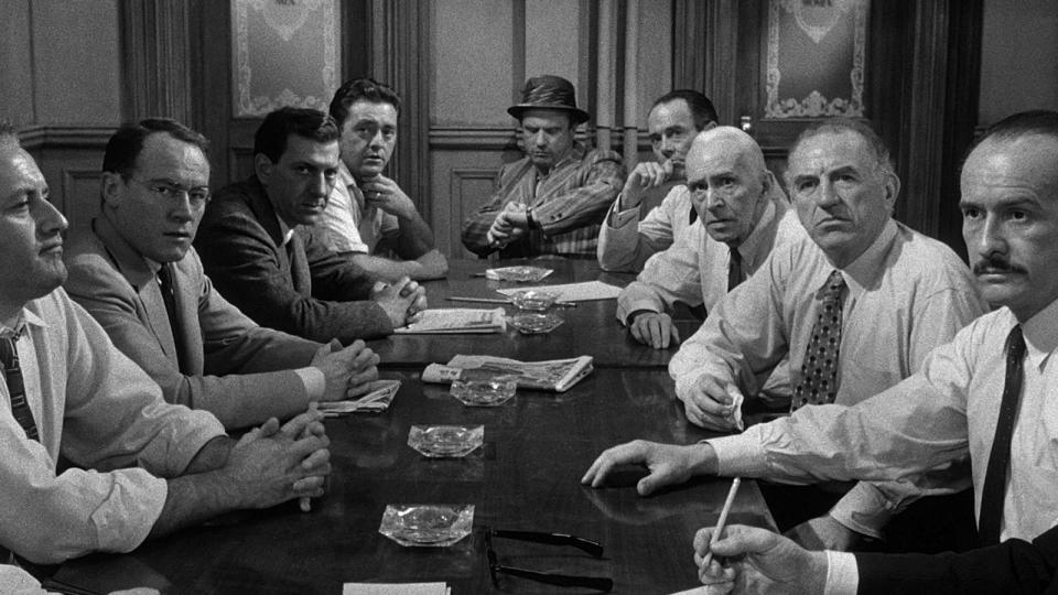 <p> In an apparently cut-and-dry murder case, one brave juror suggests they should deliberate before coming to a verdict. On examination, his fellow jurors gradually change their minds about the case, or reveal misguided, personal reasons why they were so quick to judge the accused. More of a juryroom drama than courtroom, 12 Angry Men is a humane examination of judgement and assumption, which feature one of cinema’s greatest good guys - the angelic Juror 8, cast to perfection and perfectly played by Henry Fonda. In the end all the votes are unanimously changed to ‘not guilty’, either by logical argument or revealing the prejudices of each Juror. It’s an absorbing, hopeful fable, which shows that one bold, dissenting voice is enough to change opinion and save a life. It’s full of brilliantly observed characters who feel as recognisable today as they did in 1957. </p> <p> <strong>Key things to mention: </strong>In case you were in any doubt who the good guy is, Juror 8 is the only member wearing a white jacket. Also, none of the characters are named during the film. Instead, they’re referred to only by their numbers. At the end of the film, Jurors 8 and 9 reveal their real names to each other. </p> <p> <strong>Memorable quote: </strong>“You don't really mean you'll kill me, do you?”<br> <strong>Matt Elliott</strong> </p>