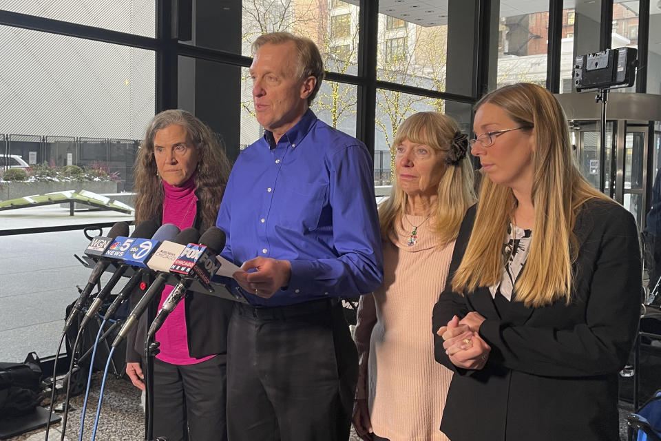 Bill Wiese, the uncle of Heather Mack and brother of Sheila von Wiese-Mack, tell reporters after Mack's sentencing at Dirksen Federal Courthouse in Chicago on Wednesday, Jan. 17, 2024, that he and his wife, left, sister, middle right, and niece feel that justice was served for Wiese-Mack's 2014 murder in Bali. Mack received a 26-year sentence. (AP Photo/Claire Savage)