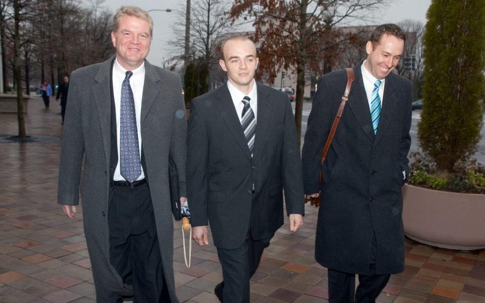 Nicholas Slatten, centre, was convicted for his role in the killing of 17 Iraqi civilians - GETTY IMAGES
