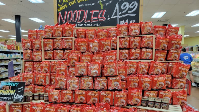 Trader Joe's sesame squiggly noodles on store shelf