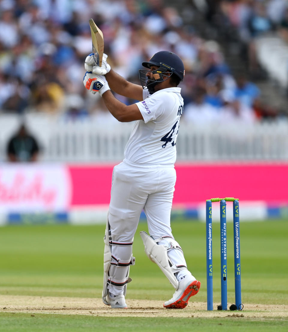 Rohit Sharma of India hits out for six during day four of the Second LV= Insurance Test Match between England and India at Lord's Cricket Ground on August 15, 2021 in London, England. (Photo by Gareth Copley/Getty Images)
