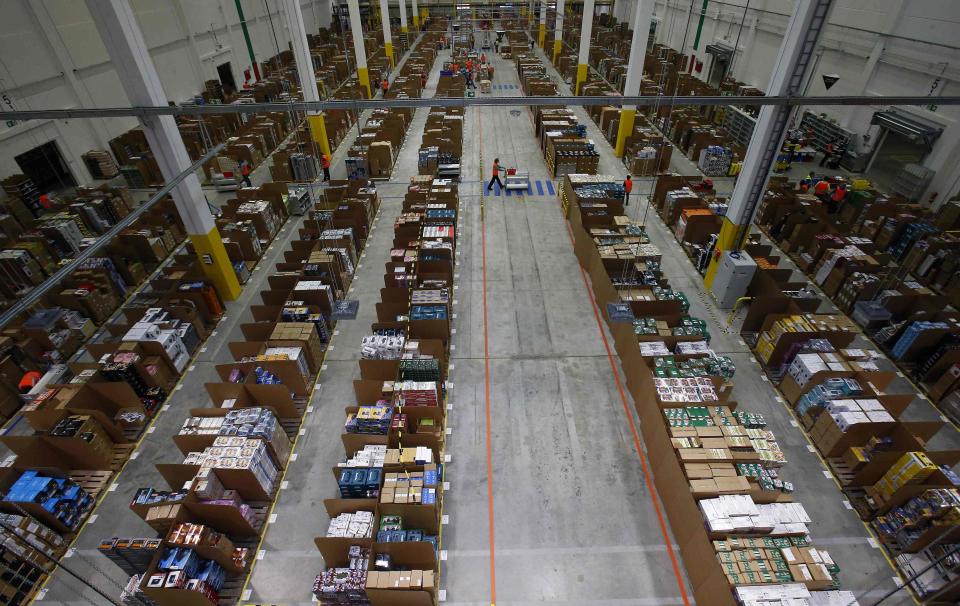 General view of the storage hall at warehouse floor in Amazon's new distribution center in Brieselang