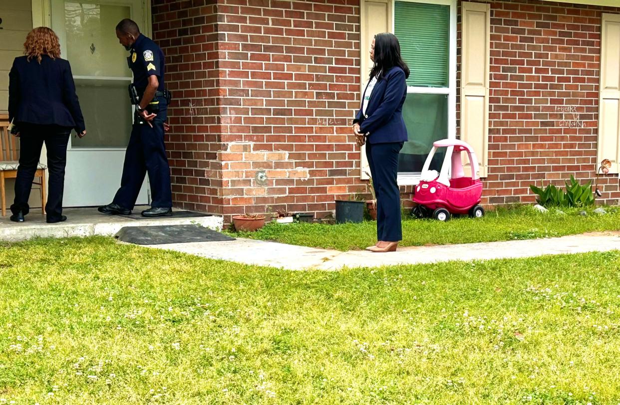 Savannah-Chatham Superintendent Denise Watts looks on as Board of Education Police Department Sergeant Andre Jenkins and SCCPSS social worker Natussha Futch conduct a truancy sweep at a home in the River Point II neighborhood on Friday March 22, 2024.
