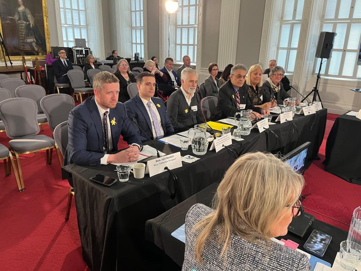 Nova Scotia Liberal Party officials testified Wednesday in front of the legislature's  public accounts committee in Halifax. From left, former premier and current MLA Iain Rankin, Liberal Leader Zach Churchill, former presidents Paul Doucette and Joseph Khoury and current party president Margaret Miller. (Michael Gorman/CBC - image credit)