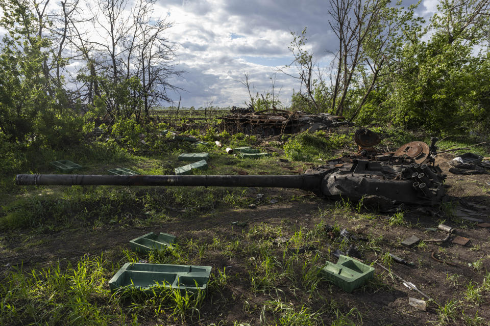 A destroyed tank near the village of Malaya Rohan, Kharkiv region, Ukraine, Monday, May 16, 2022. (AP Photo/Bernat Armangue)