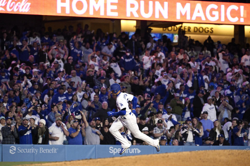 Los Angeles Dodgers' Trayce Thompson rounds third after hitting a three-run home run during the fifth inning of a baseball game against the Arizona Diamondbacks Saturday, April 1, 2023, in Los Angeles. (AP Photo/Mark J. Terrill)