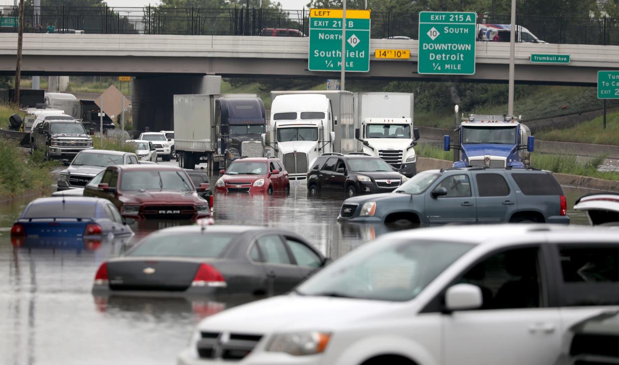 Cars and trucks stuck and stalled on I-94 West near Trumbull in Detroit on June 26, 2021. Heavy rains in Metro Detroit caused massive flooding in homes, streets and freeways.