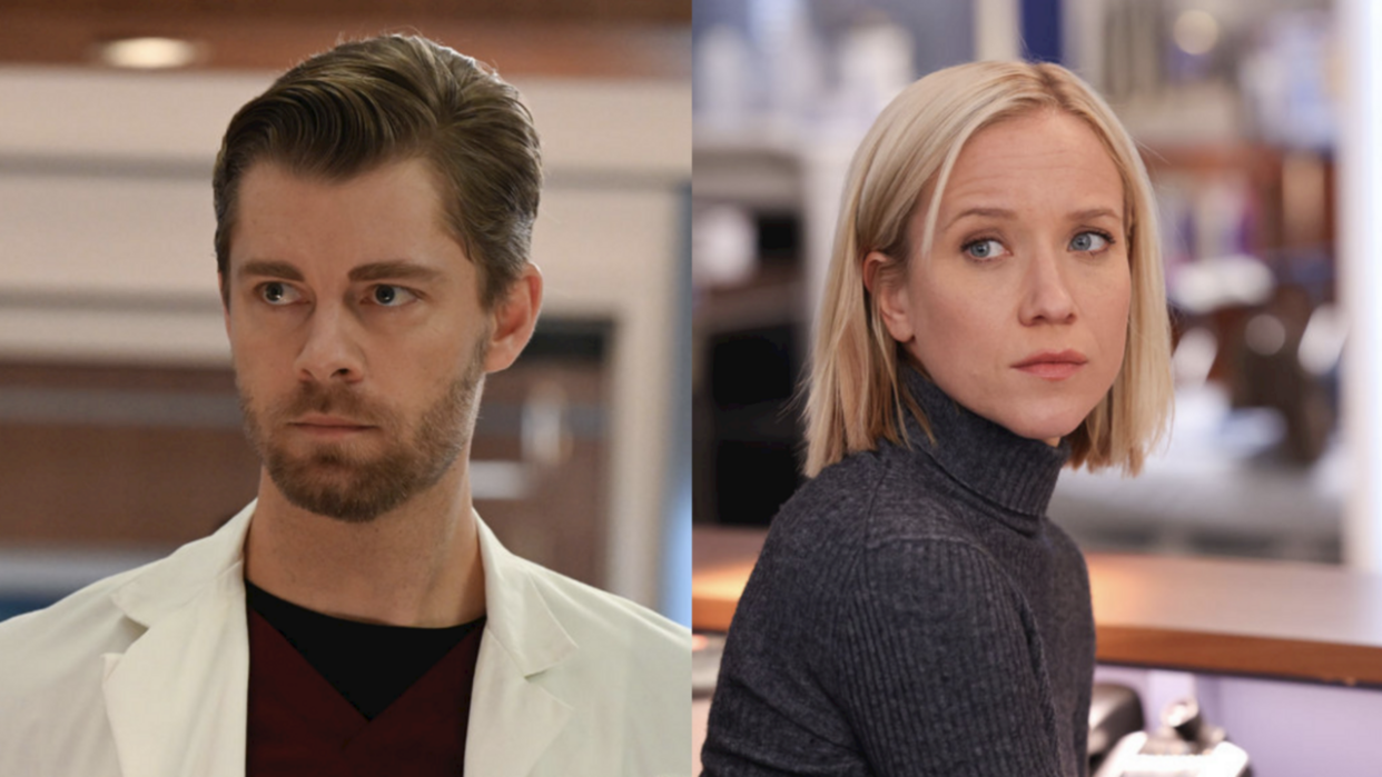  Luke Mitchell as Dr. Mitch Ripley and Jessy Schram as Dr. Hannah Asher in Chicago Med Season 9. 