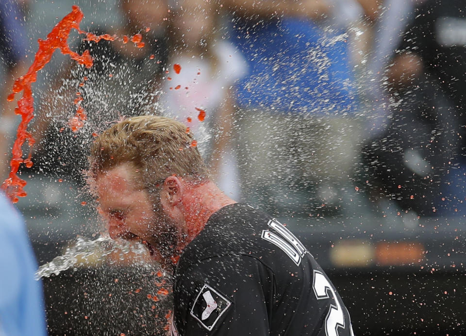 <p>Chicago White Sox’s Matt Davidson celebrates after hitting a walkoff home run against the Detroit Tigers during the ninth inning of a baseball game Monday, September 3, 2018, in Chicago. (AP Photo/Jim Young) </p>