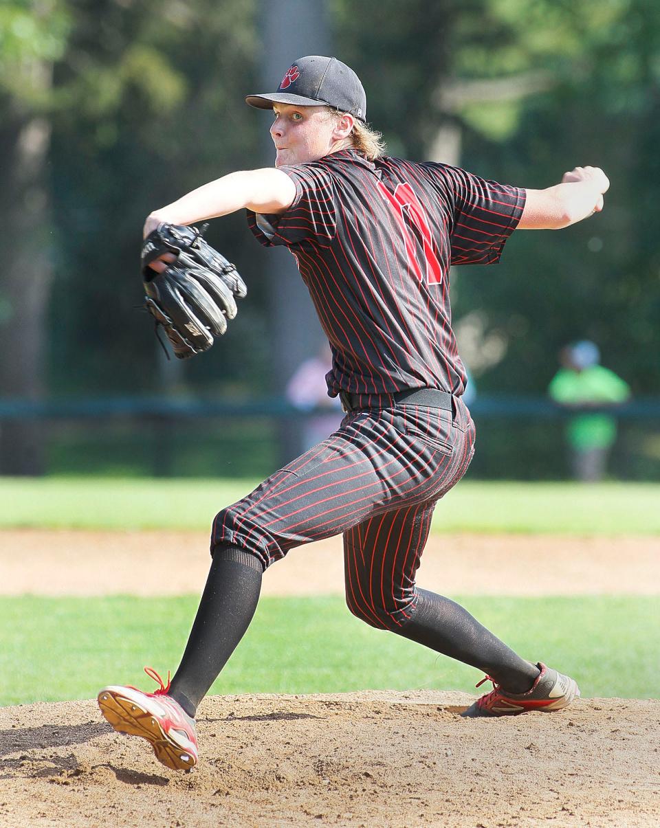 Milton starter Brian Foley delivers a pitch during a Bay State Conference semifinal win over Walpole at Cunningham Park on Wednesday, June 9, 2021.