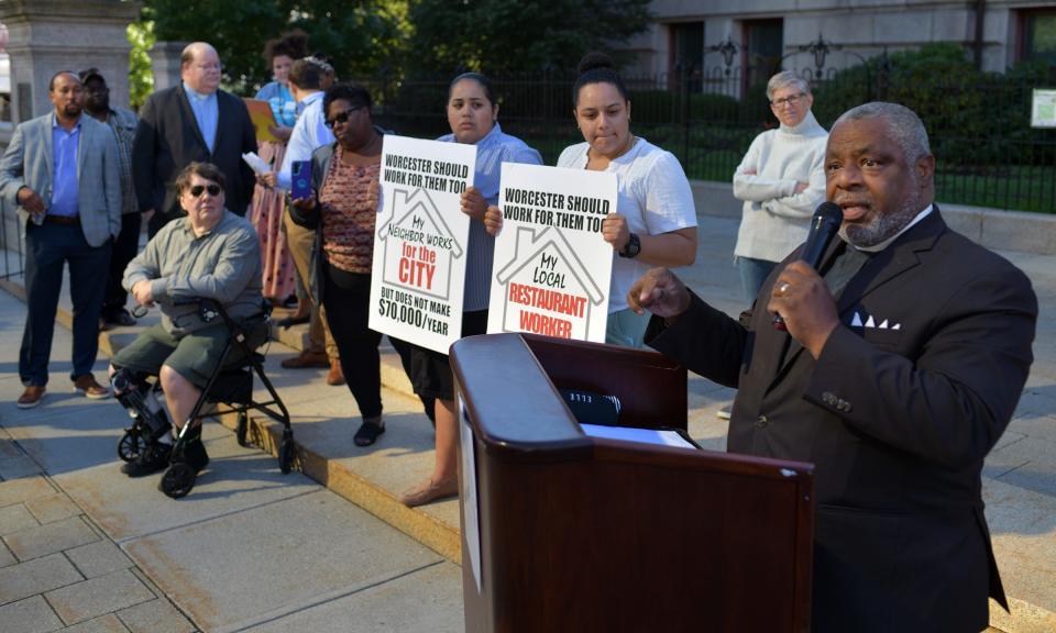 The Rev. Clyde Talley, of the Black Clergy Alliance and Belmont Zion church speaks at a rally for an inclusionary zoning policy outside of City Hall on Sept. 14.