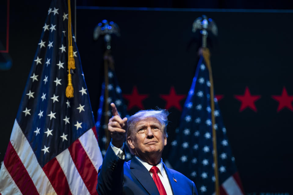 DAVENPORT, IOWA - MARCH 13: Former President Donald Trump speaks at an event at the Adler Theater on Monday, March 13, 2023 in Davenport, Iowa.  (Photo by Jabin Botsford/The Washington Post, Getty Images)