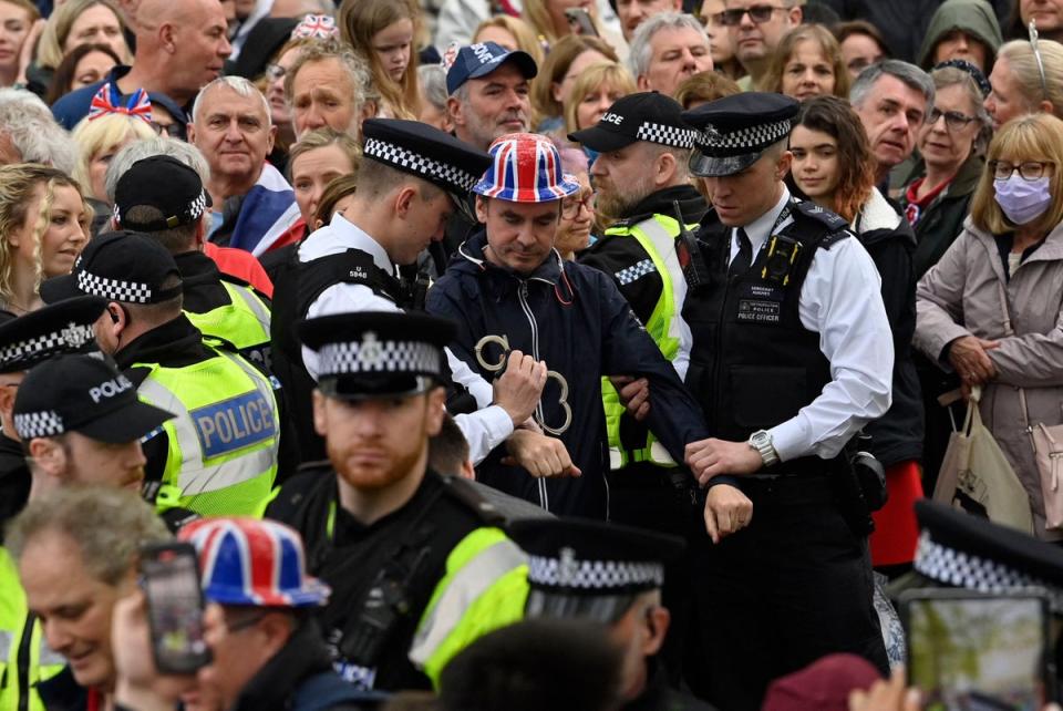 Protesters from ‘Just Stop Oil’ are arrested in the crowd near Westminster Abbey before the ceremony (POOL/AFP via Getty Images)