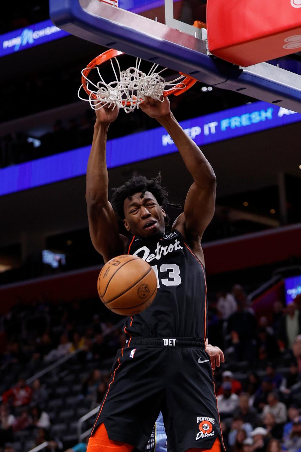 Pistons center James Wiseman dunks in the first half on Monday, April 1, 2024, at Little Caesars Arena.