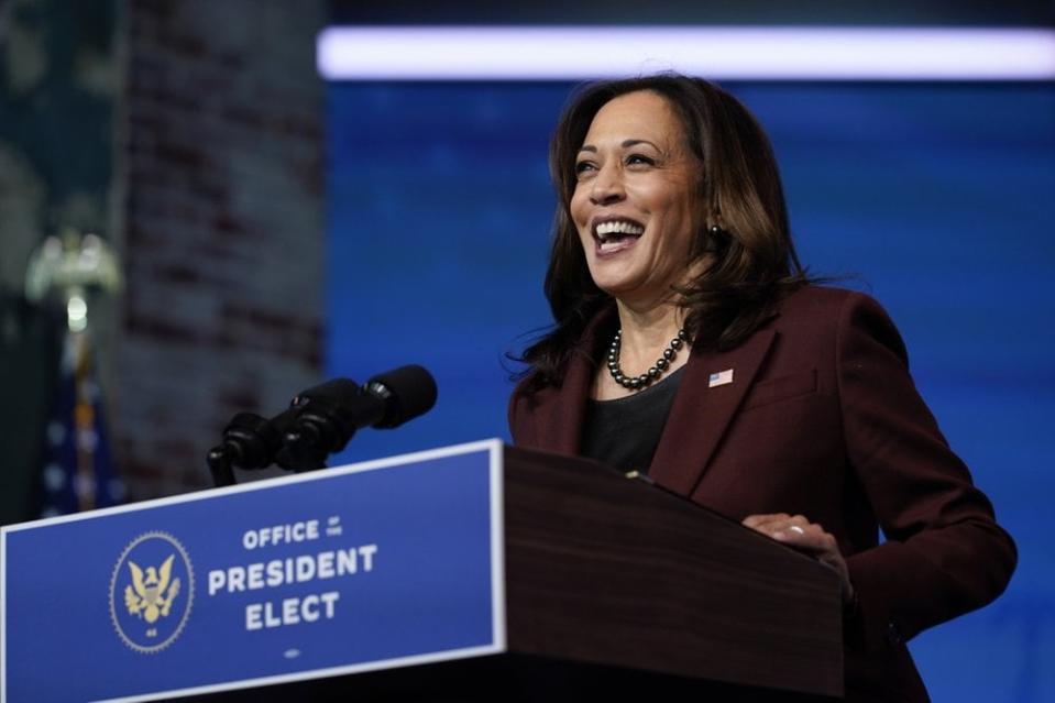 Vice President-elect Kamala Harris speaks as she and President-elect Joe Biden introduce their nominees and appointees to key national security and foreign policy posts at The Queen theater, in Wilmington, Del. (AP Photo/Carolyn Kaster, File)