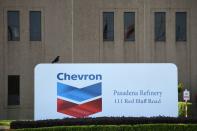 An entrance sign at the Chevron refinery, located near the Houston Ship Channel, is seen in Pasadena