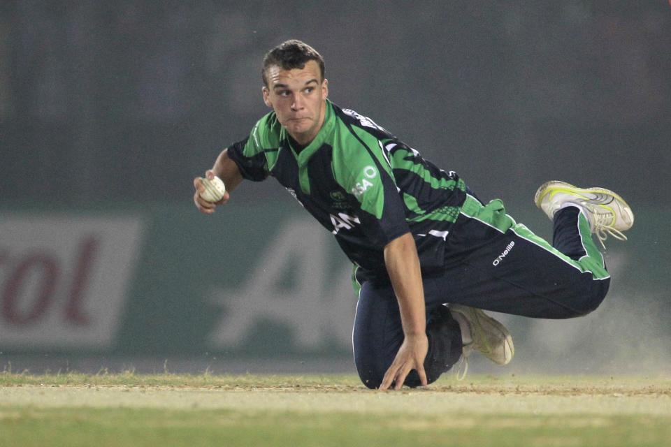 Ireland’s Andy McBrine fields during a warm-up cricket match against Nepal ahead of the Twenty20 World Cup Cricket in Fatullah, near Dhaka, Bangladesh, Wednesday, March 12, 2014. (AP Photo/A.M. Ahad)