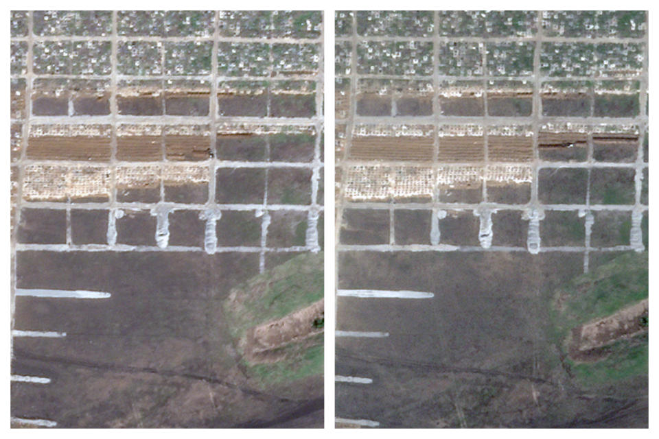 This combination of April 20, 2022, left, and April 25 photos provided by Planet Labs shows the progression of disturbed earth at an existing cemetery near the village of Staryi Krym, Ukraine, north of Mariupol. Mariupol Mayor Vadym Boychenko said authorities were trying to estimate the number of victims buried in the suspected mass graves. (Planet Labs via AP)